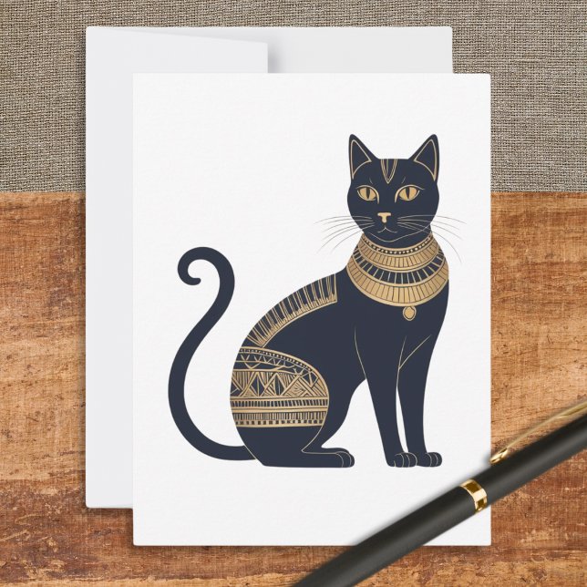 Egyptisk svart katt Elegant kattdjur Vykort (A postcard with picture of an elegant, Egyptian-inspired, black cat)