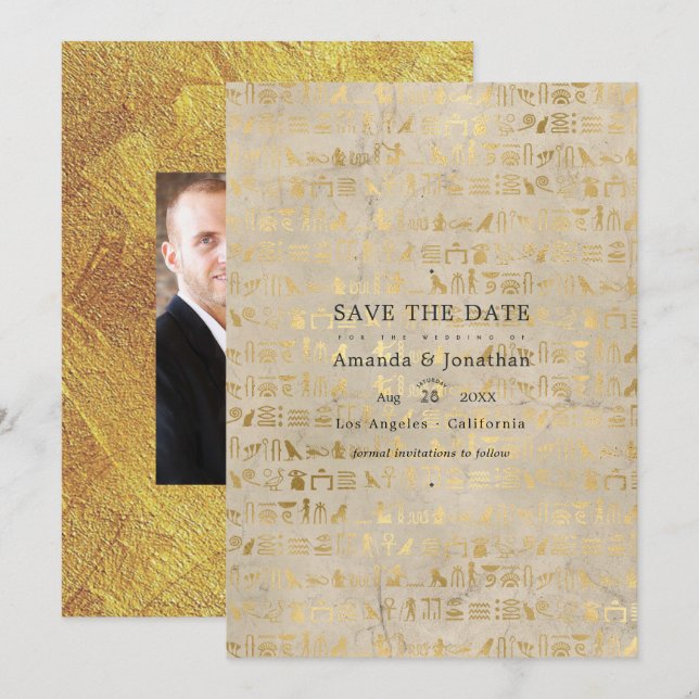 Egyptisk tematiskt bröllopsfoto spara datumet (Fram/baksida)