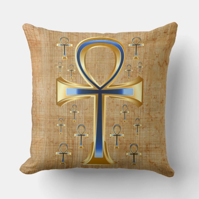 Egyptiska Ankh - Guld och Blue Design Kudde (Framsida)