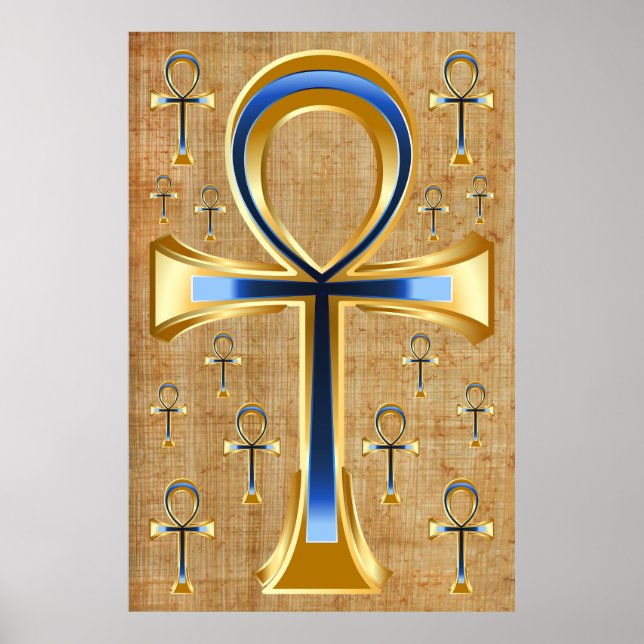 Egyptiska Ankh - Guld och Blue Design Poster (Framsidan)