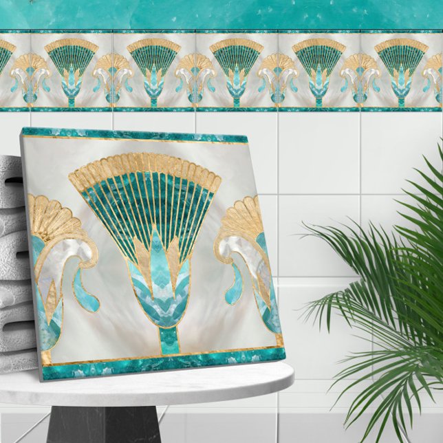 Egyptiska Blommigten Gräns - Aquamarine och Guld Kakelplatta (Skapare uppladdad)