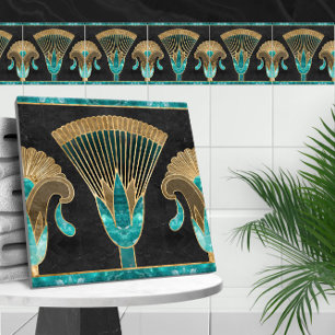 Egyptiska Blommigten Gräns - Aquamarine och Guld Kakelplatta