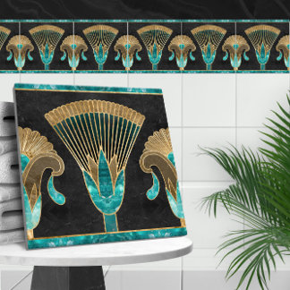 Egyptiska Blommigten Gräns - Aquamarine och Guld Kakelplatta