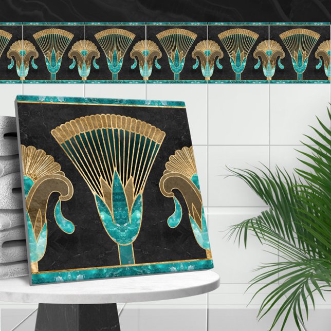 Egyptiska Blommigten Gräns - Aquamarine och Guld Kakelplatta (Skapare uppladdad)