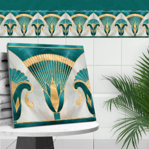 Egyptiska Blommigten Gräns - Aquamarine och Guld Kakelplatta