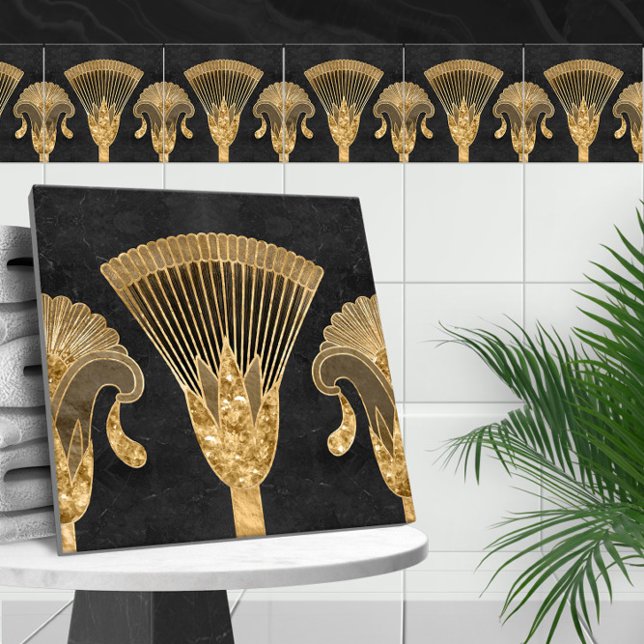 Egyptiska Blommigten Gräns - Guld och Svarta marmo Kakelplatta (Skapare uppladdad)
