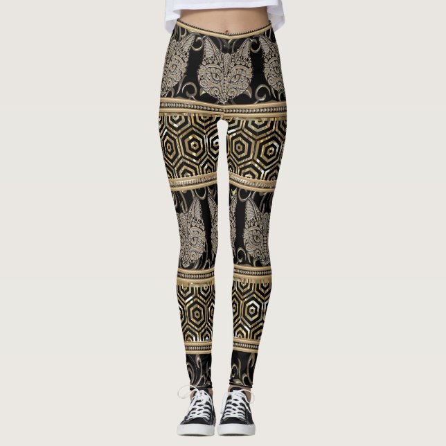 Egyptiska bohemiska stam- katt- & gulddesigner leggings (Framsida)