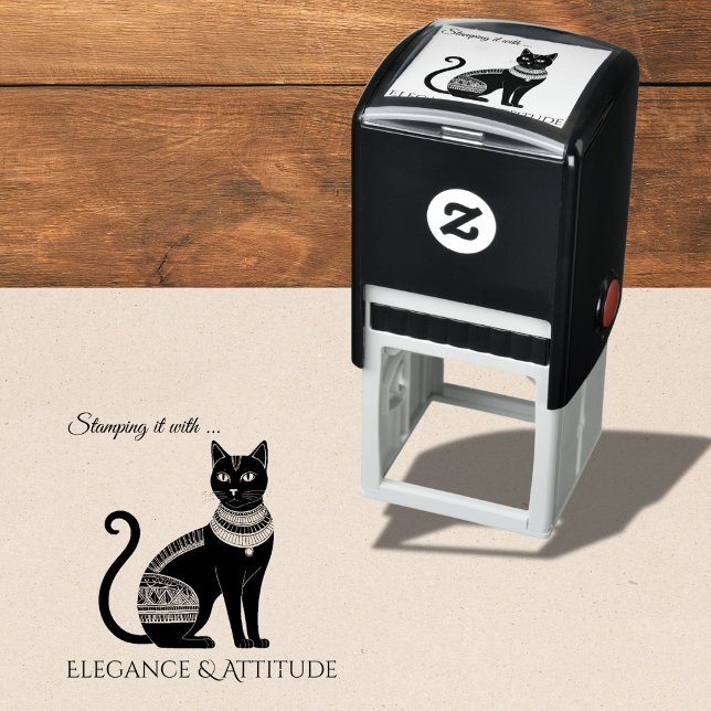 Egyptiska Cat Elegance och Attitude Självfärgande Stämpel (A rubber stamp with Egyptian black cat design and caption 'Stamping it with elegance & attitude")