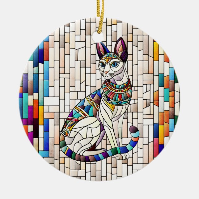 Egyptiska Cat-Mosaic Art Julgransprydnad Keramik (Framsidan)