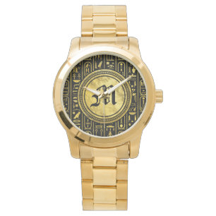 Egyptiska forntida guld- hieroglyphs för Monogram Armbandsur