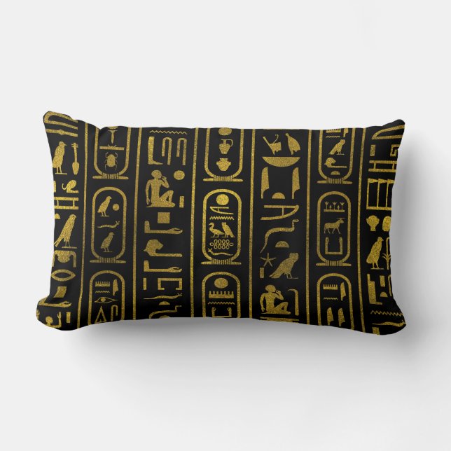 Egyptiska forntida guld- hieroglyphs på svart lumbarkudde (Framsida)