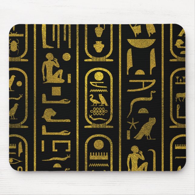 Egyptiska forntida guld- hieroglyphs på svart musmatta (Framsidan)