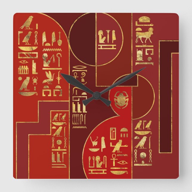 Egyptiska Geometric Art Deco Red och Guld Fyrkantig Klocka (Framsida)