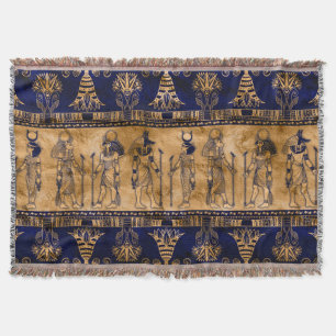Egyptiska gudar och Ornamental gräns - Blue guld Filt