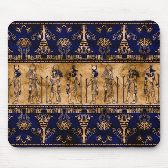 Egyptiska gudar och Ornamental gräns - Blue guld Musmatta (Framsidan)