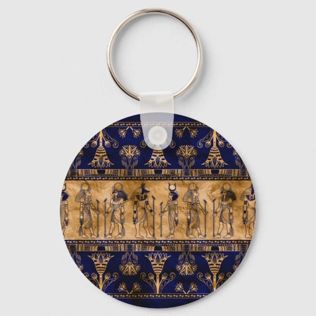 Egyptiska gudar och Ornamental gräns - Blue guld Nyckelring (Framsida)