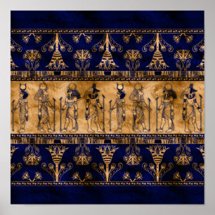 Egyptiska gudar och Ornamental gräns - Blue guld Poster