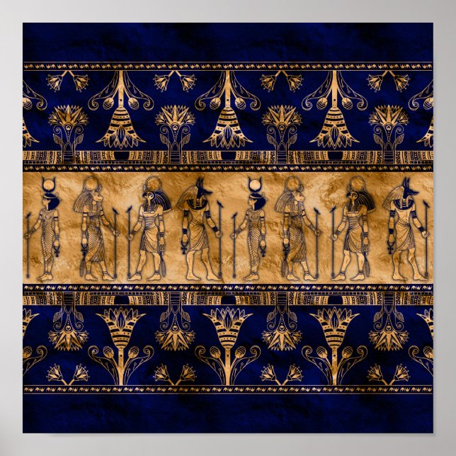 Egyptiska gudar och Ornamental gräns - Blue guld Poster (Framsidan)