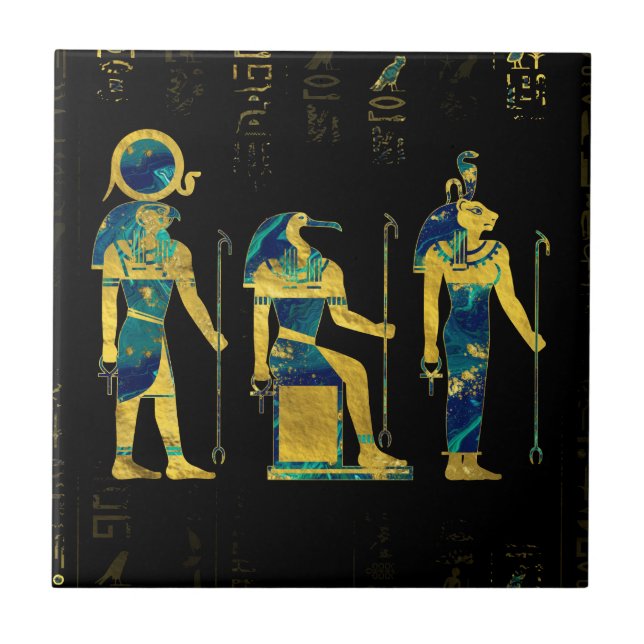 Egyptiska gudomar på guld- hieroglyphics och kakelplatta (Framsidan)