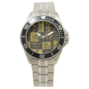 Egyptiska guld- hieroglyphs och symbolcollage armbandsur