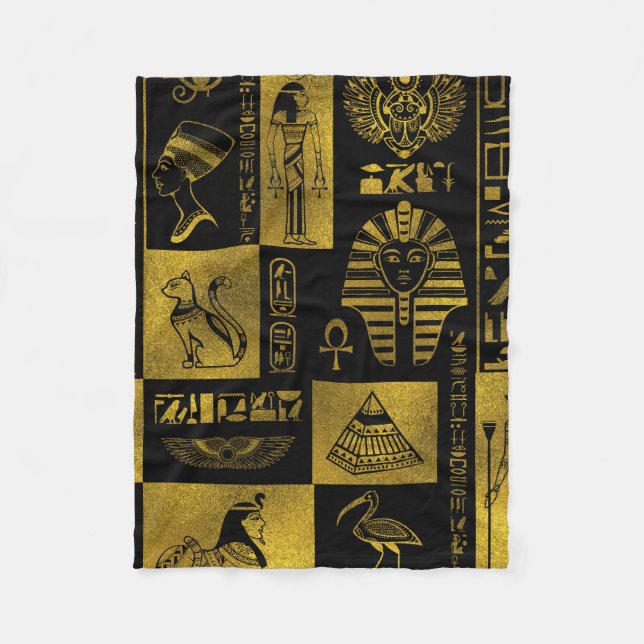 Egyptiska guld- hieroglyphs och symbolcollage fleecefilt (Framsidan)