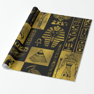 Egyptiska guld- hieroglyphs och symbolcollage presentpapper