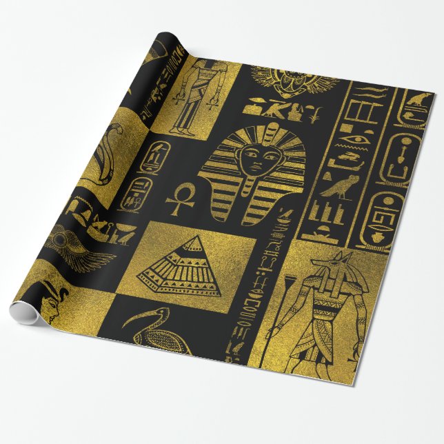 Egyptiska guld- hieroglyphs och symbolcollage presentpapper (Utrullad)