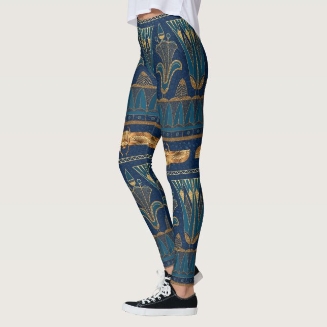 Egyptiska Hieroglyfer Guld Beetles Golden Glitter Leggings (Vänster)