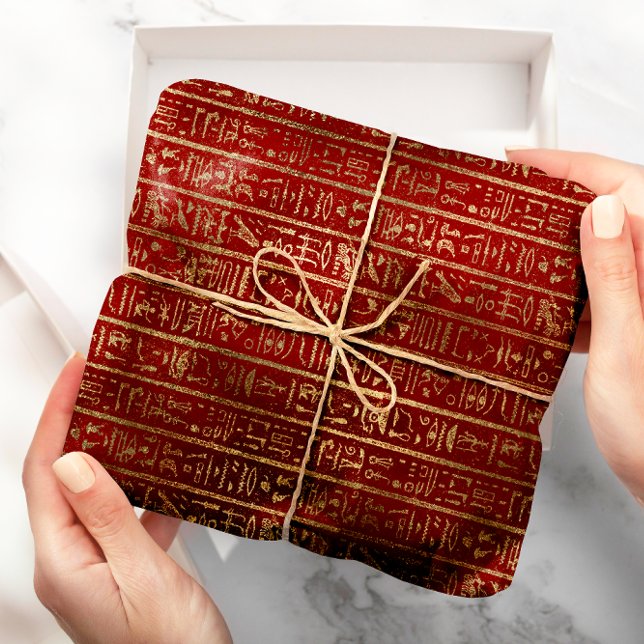 Egyptiska Hieroglyfer Guld Foxier Bordeaux Luxury Presentpapper (Egyptian Hieroglyphs Gold Foxier Bordeaux Luxury Wrapping Paper)