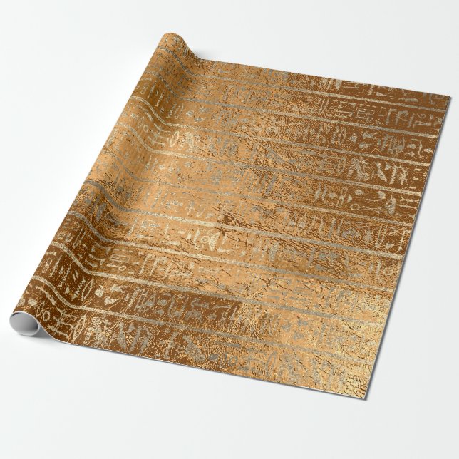 Egyptiska Hieroglyfer Guld Grass Metallic Rand Presentpapper (Utrullad)