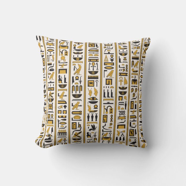 Egyptiska Hieroglyfer: Gult-Black Seamless. Kudde (Framsida)
