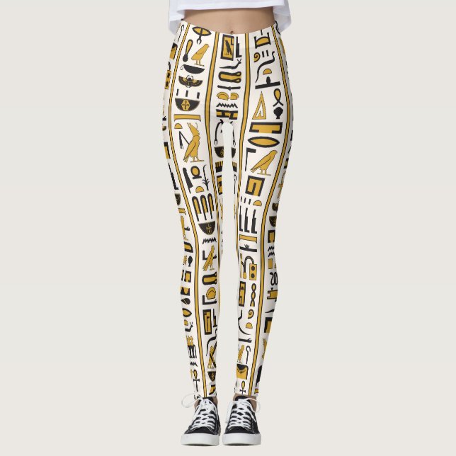 Egyptiska Hieroglyfer: Gult-Black Seamless. Leggings (Framsida)