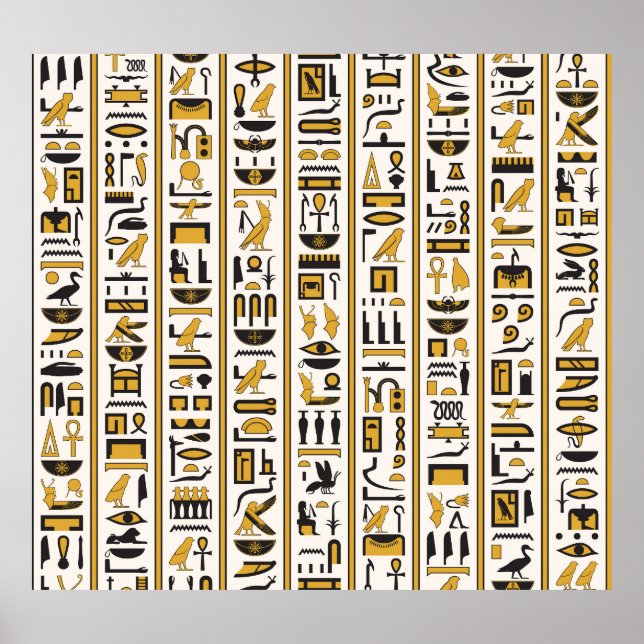 Egyptiska Hieroglyfer: Gult-Black Seamless. Poster (Framsidan)