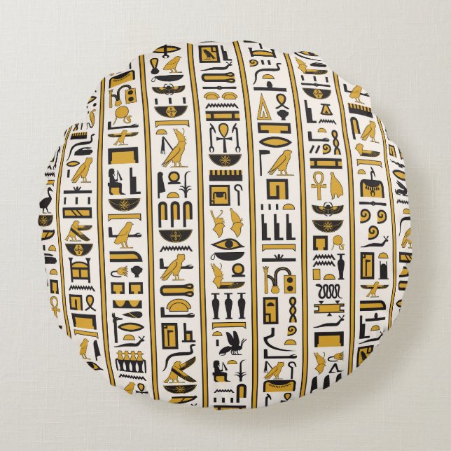 Egyptiska Hieroglyfer: Gult-Black Seamless. Rund Kudde (Framsidan)