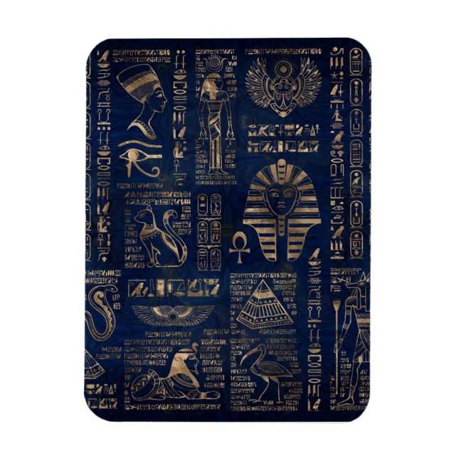 Egyptiska hieroglyfer och gudom-guld på marmor magnet (Vertikal)