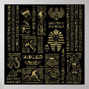 Egyptiska hieroglyfer och gudom guld på svart poster