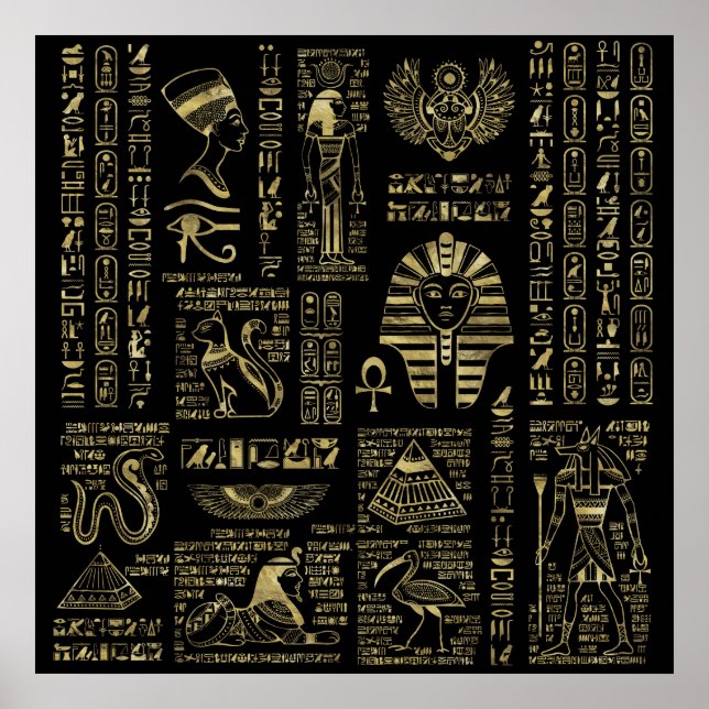 Egyptiska hieroglyfer och gudom guld på svart poster (Framsidan)