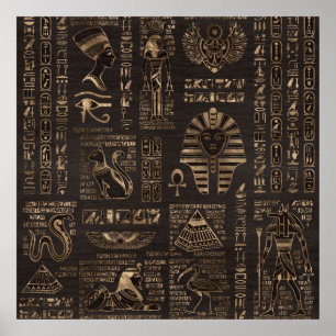 Egyptiska hieroglyfer och gudom-guld på trä poster