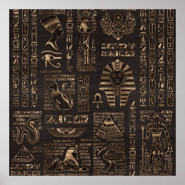 Egyptiska hieroglyfer och gudom-guld på trä poster (Framsidan)