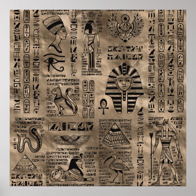 Egyptiska hieroglyfer och gudom - lyxiska Guld Poster (Framsidan)