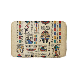 Egyptiska hieroglyfer och gudom på papyrus badrumsmatta