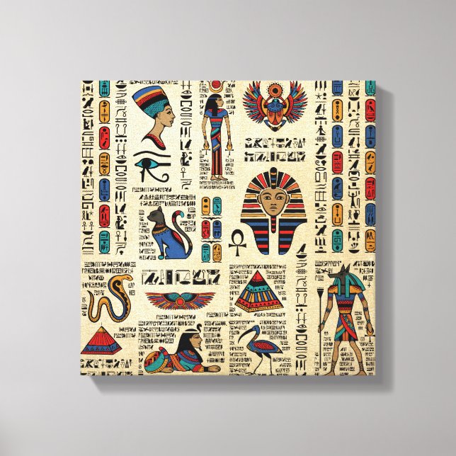 Egyptiska hieroglyfer och gudom på papyrus canvastryck (Framsida)
