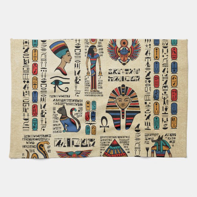 Egyptiska hieroglyfer och gudom på papyrus kökshandduk (Horisontell)