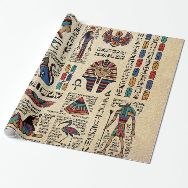 Egyptiska hieroglyfer och gudom på papyrus presentpapper (Utrullad)