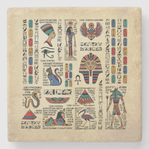 Egyptiska hieroglyfer och gudom på papyrus stenunderlägg