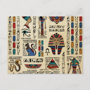 Egyptiska hieroglyfer och gudom på papyrus vykort