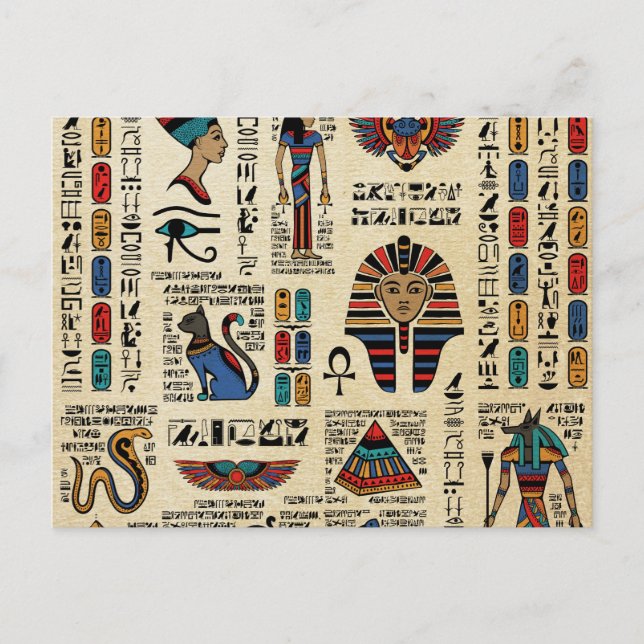 Egyptiska hieroglyfer och gudom på papyrus vykort (Framsida)