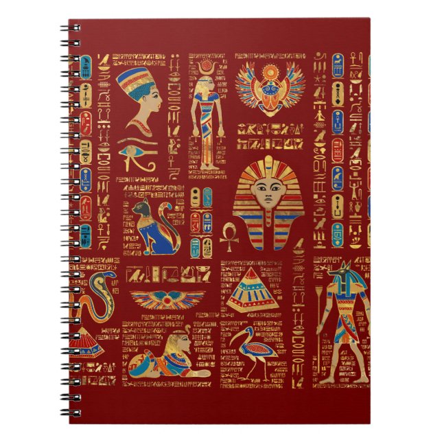 Egyptiska hieroglyfer och gudom på rött anteckningsbok (Framsidan)
