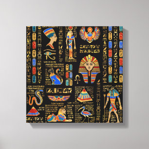 Egyptiska hieroglyfer och gudom på svart canvastryck