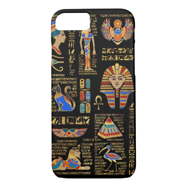 Egyptiska hieroglyfer och gudom på svart Case-Mate iPhone skal (Baksida)